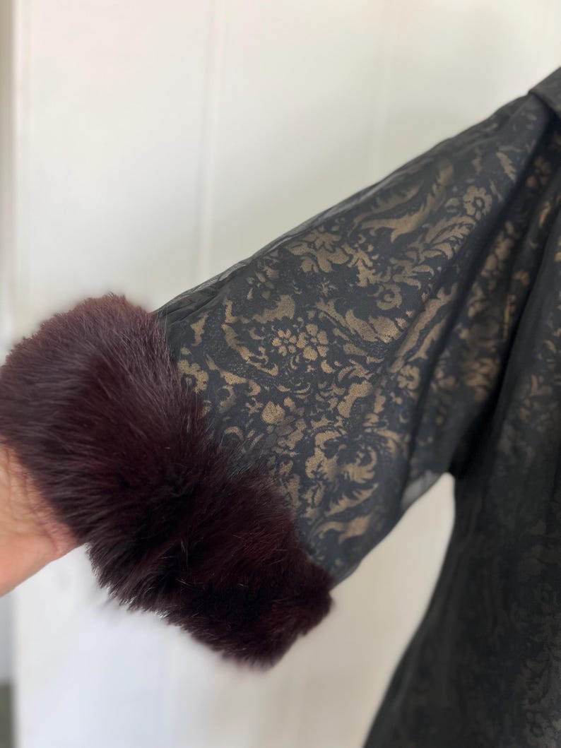 1950 - 1960 Vintage Black & Gold Sheer Over Jacquard 2 Pc Evening Cocktail Shelf Bust Wiggle Dress Matching Swing Coat