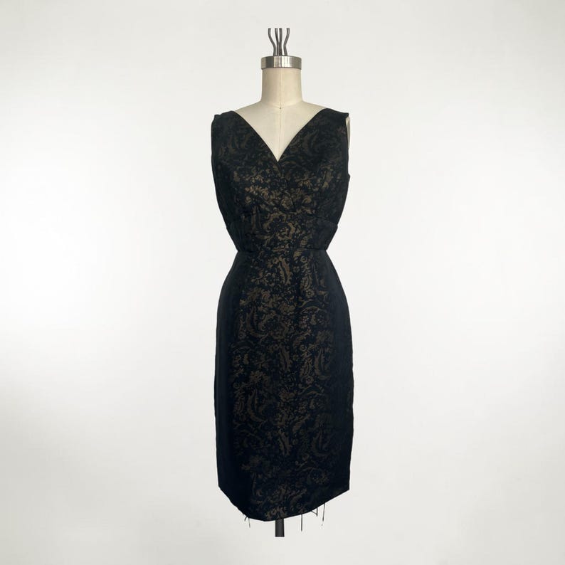 1950 - 1960 Vintage Black & Gold Sheer Over Jacquard 2 Pc Evening Cocktail Shelf Bust Wiggle Dress Matching Swing Coat