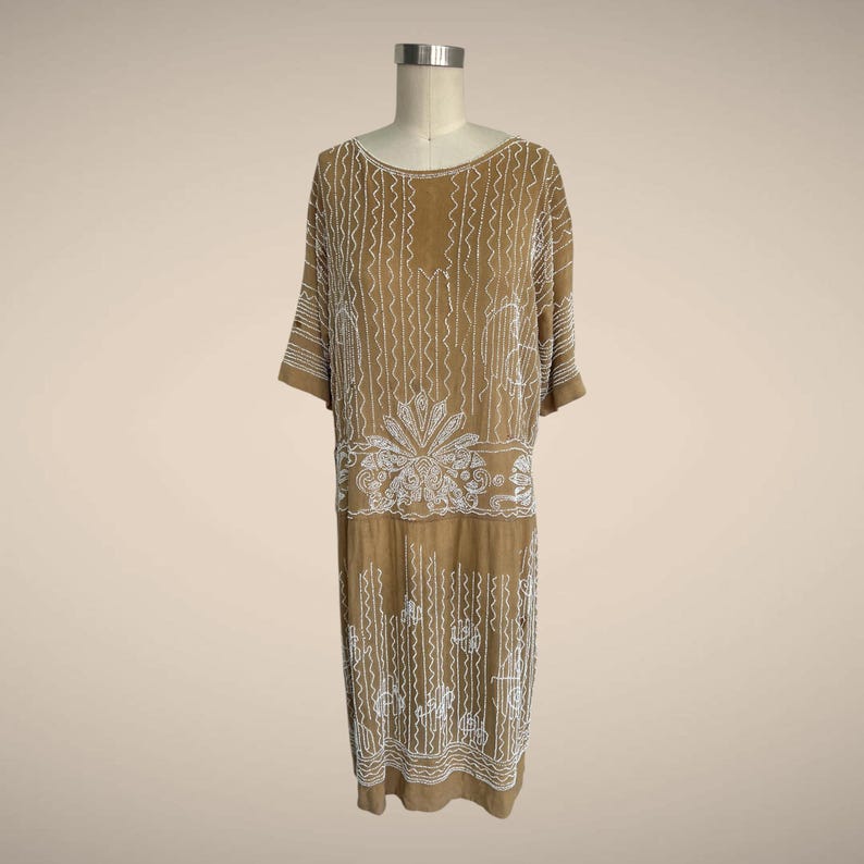 1920 1930 Vintage Antique Lovely Crepe Beaded Evening Day Dress