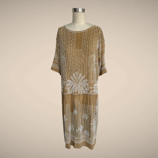 1920 1930 Vintage Antique Lovely Crepe Beaded Evening Day Dress