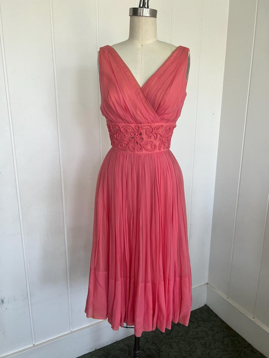1950 Vintage Sheer Coral Chiffon with Soutache Design and Rhinestones Flowing Party Dress