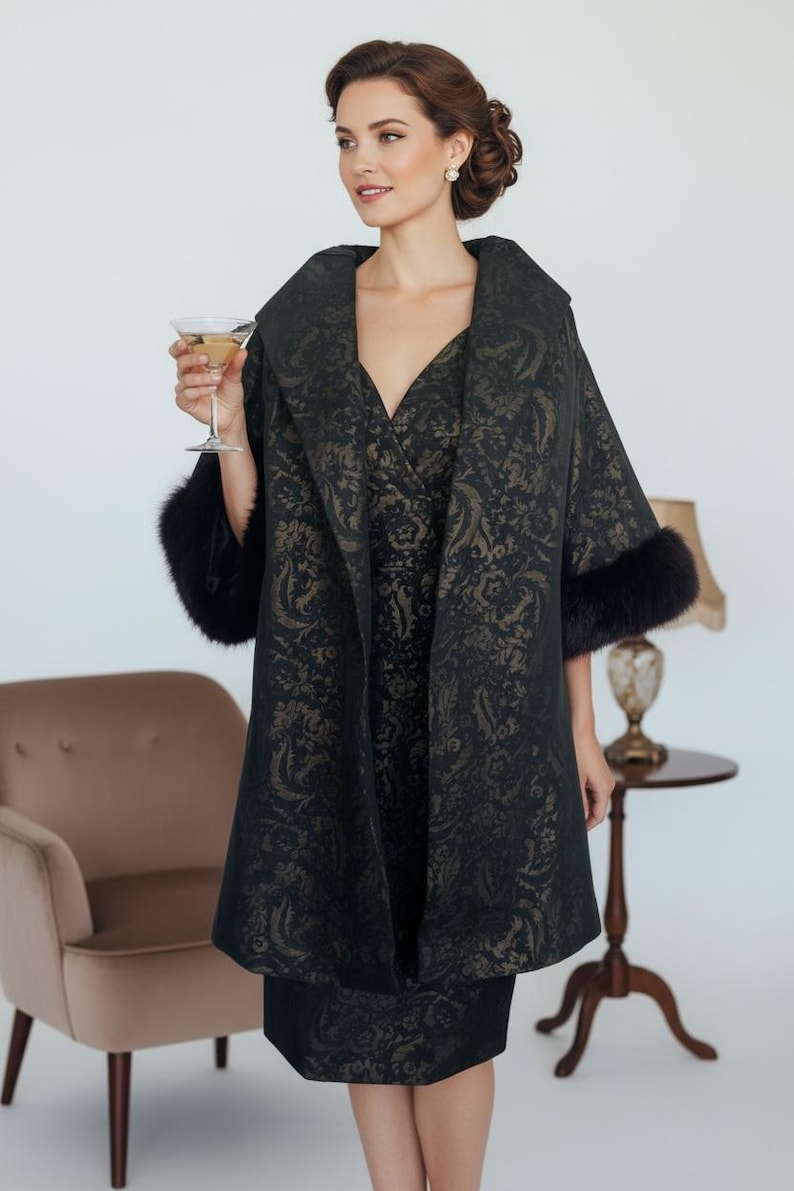 1950 - 1960 Vintage Black & Gold Sheer Over Jacquard 2 Pc Evening Cocktail Shelf Bust Wiggle Dress Matching Swing Coat