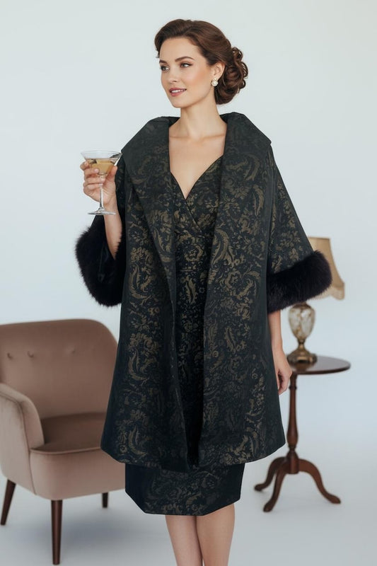 1950 - 1960 Vintage Black & Gold Sheer Over Jacquard 2 Pc Evening Cocktail Shelf Bust Wiggle Dress Matching Swing Coat