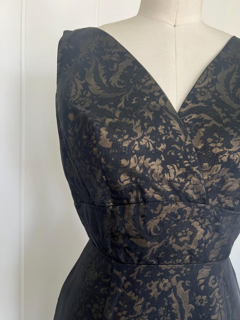 1950 - 1960 Vintage Black & Gold Sheer Over Jacquard 2 Pc Evening Cocktail Shelf Bust Wiggle Dress Matching Swing Coat