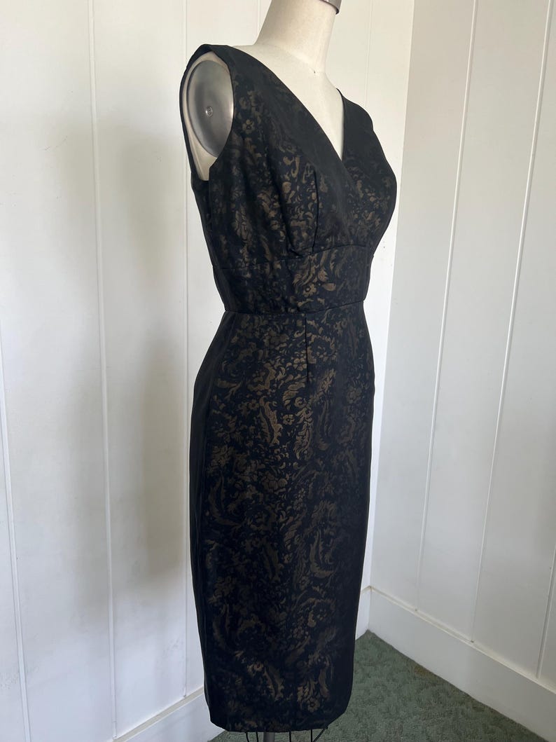 1950 - 1960 Vintage Black & Gold Sheer Over Jacquard 2 Pc Evening Cocktail Shelf Bust Wiggle Dress Matching Swing Coat
