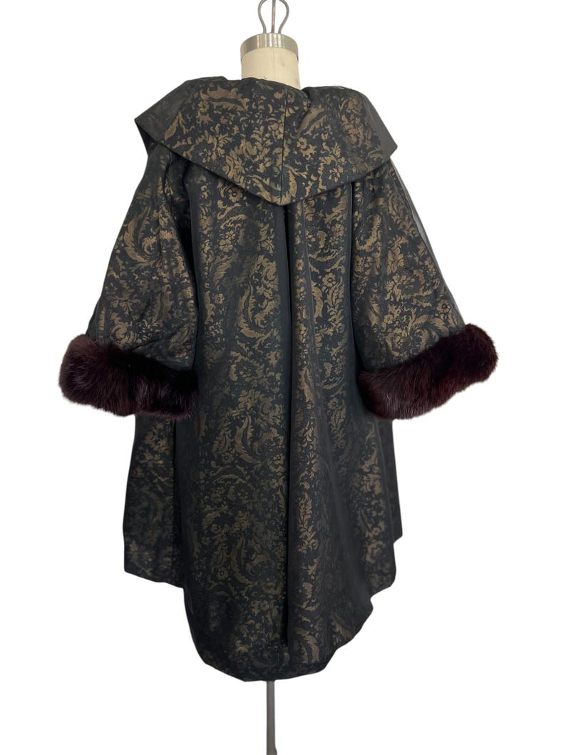 1950 - 1960 Vintage Black & Gold Sheer Over Jacquard 2 Pc Evening Cocktail Shelf Bust Wiggle Dress Matching Swing Coat