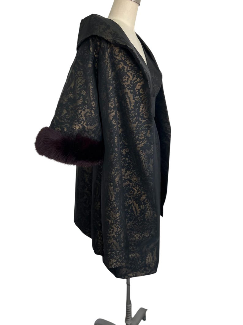 1950 - 1960 Vintage Black & Gold Sheer Over Jacquard 2 Pc Evening Cocktail Shelf Bust Wiggle Dress Matching Swing Coat