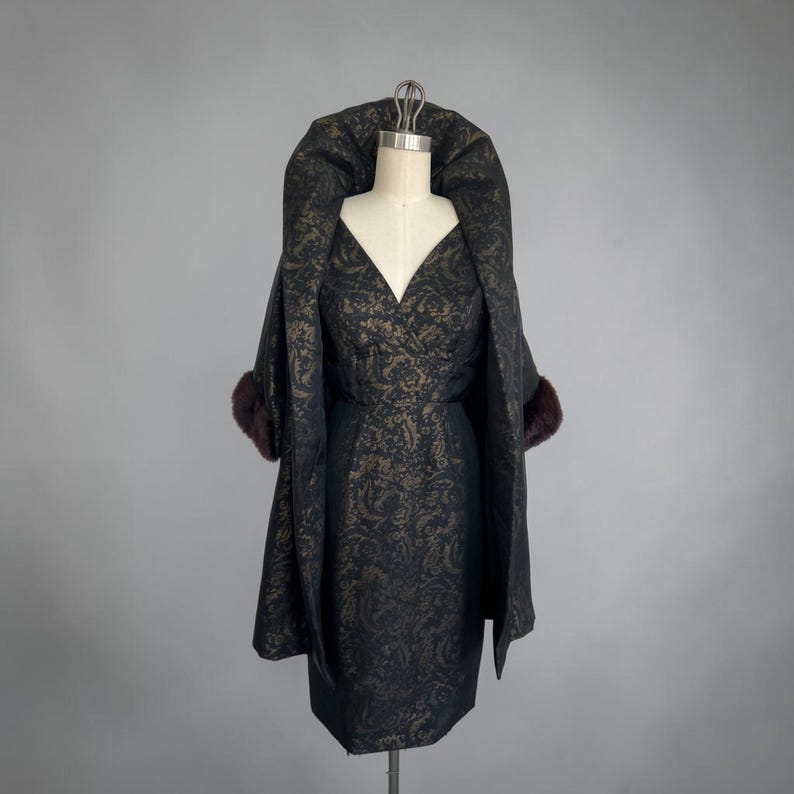 1950 - 1960 Vintage Black & Gold Sheer Over Jacquard 2 Pc Evening Cocktail Shelf Bust Wiggle Dress Matching Swing Coat