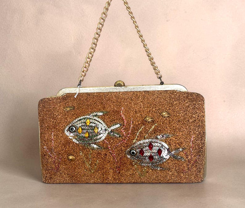 1950's 1960's Claire Fashions Tropical Fish Cork Covered Novelty Large Purse with Gold Leaf Accents So Unique