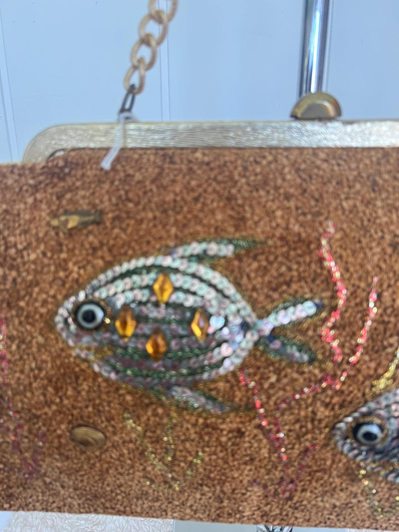 1950's 1960's Claire Fashions Tropical Fish Cork Covered Novelty Large Purse with Gold Leaf Accents So Unique