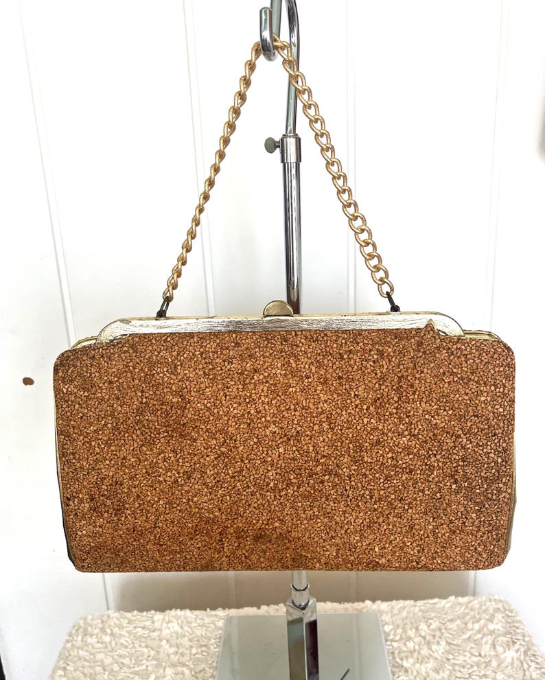 1950's 1960's Claire Fashions Tropical Fish Cork Covered Novelty Large Purse with Gold Leaf Accents So Unique