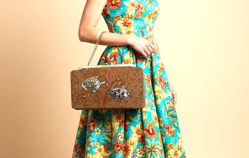 1950's 1960's Claire Fashions Tropical Fish Cork Covered Novelty Large Purse with Gold Leaf Accents So Unique