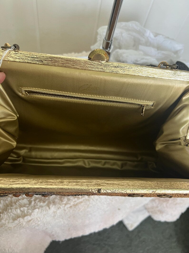 1950's 1960's Claire Fashions Tropical Fish Cork Covered Novelty Large Purse with Gold Leaf Accents So Unique