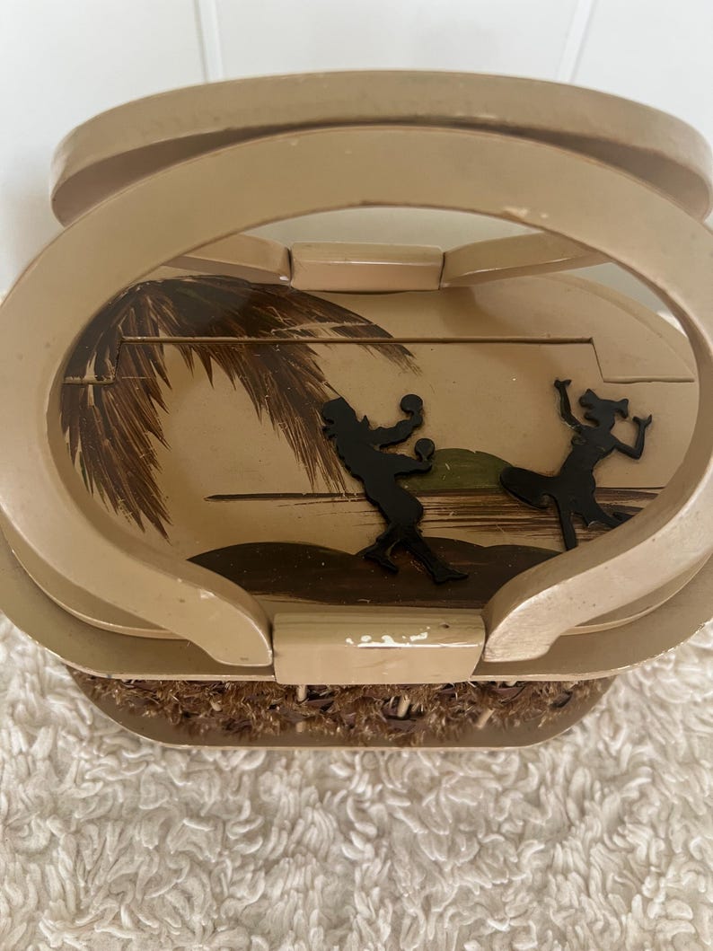 Original Rare Vintage 1950 Suki Original Miami, Fla Dancing Cuban Dancers Wood and Raffia Box Purse