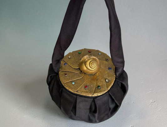 Original Very Rare Unique 1940's Satin Handbag with Gold Tone Metal Shell Top Closure