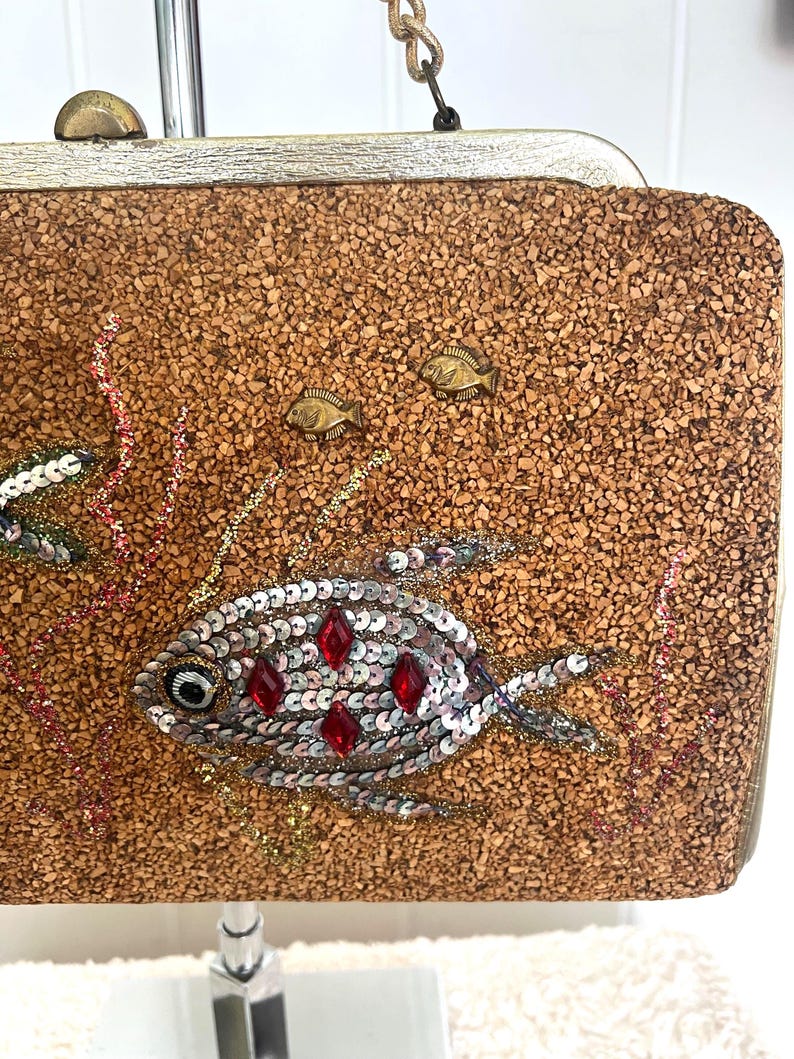 1950's 1960's Claire Fashions Tropical Fish Cork Covered Novelty Large Purse with Gold Leaf Accents So Unique
