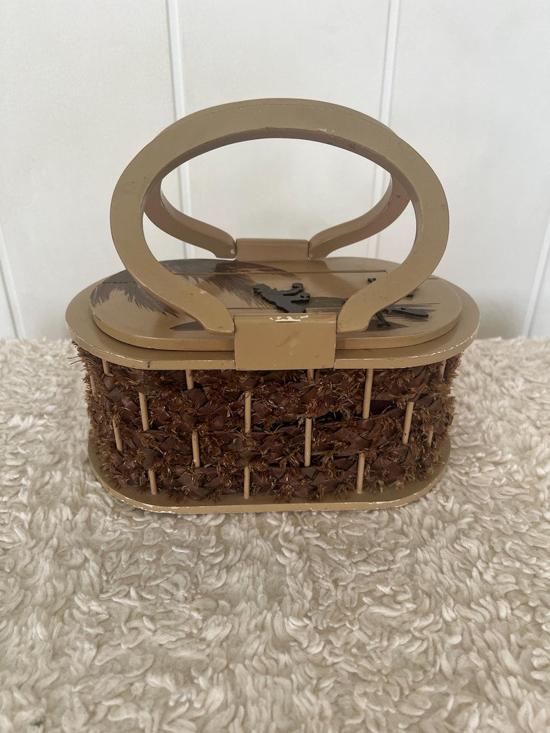 Original Rare Vintage 1950 Suki Original Miami, Fla Dancing Cuban Dancers Wood and Raffia Box Purse