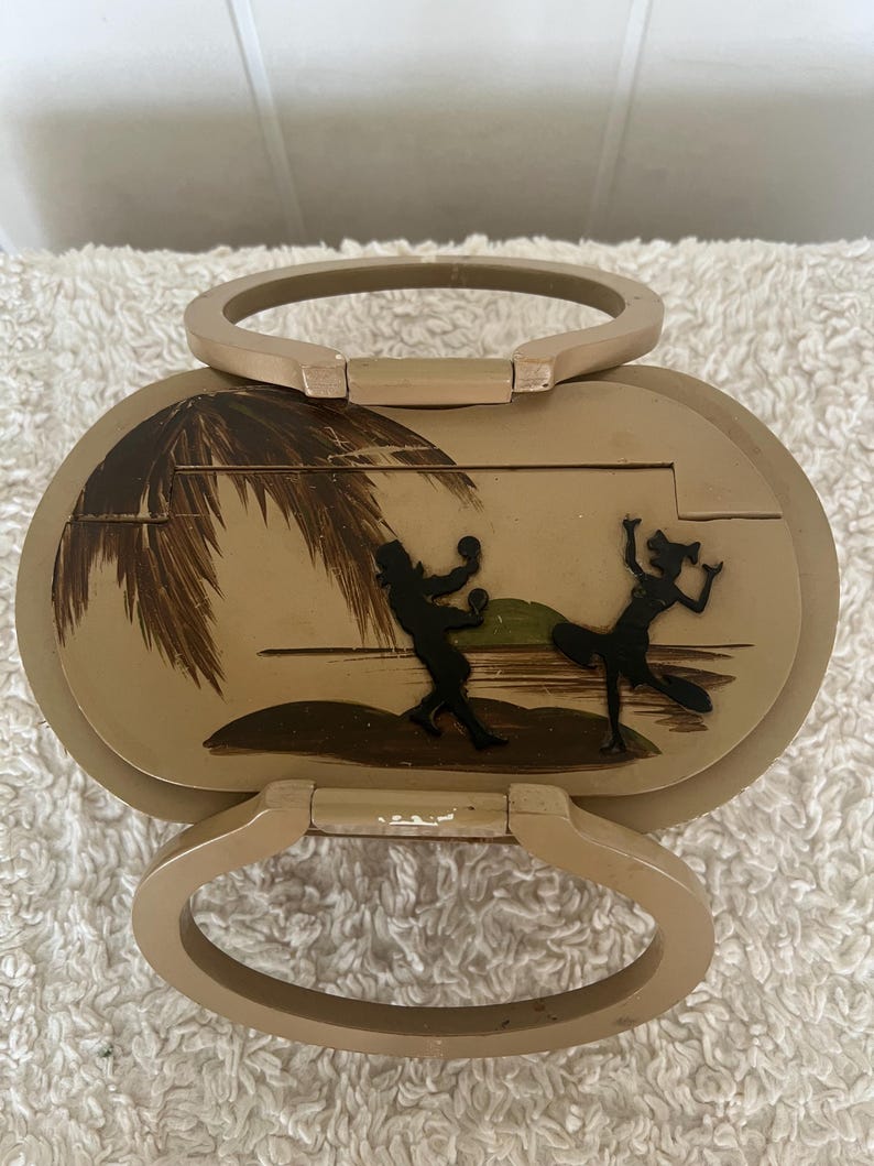 Original Rare Vintage 1950 Suki Original Miami, Fla Dancing Cuban Dancers Wood and Raffia Box Purse