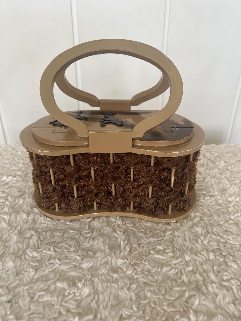 Original Rare Vintage 1950 Suki Original Miami, Fla Dancing Cuban Dancers Wood and Raffia Box Purse