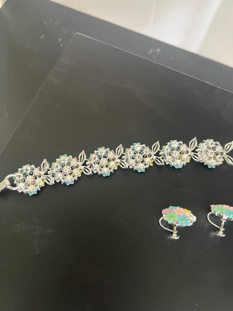 1950 Vintage Lisner Pastel Floral Bracelet and Earrings Set Gorgeous Beautiful Perfect