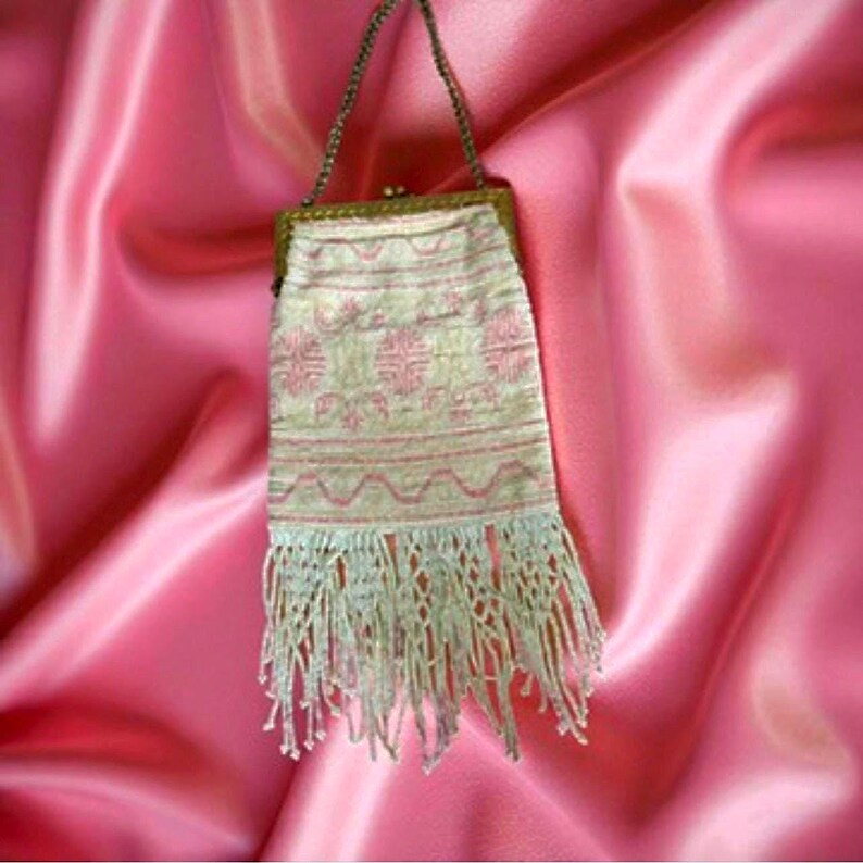 Antique 1920's Made in France Rare Beaded Rose Pink & White Design Evening Purse
