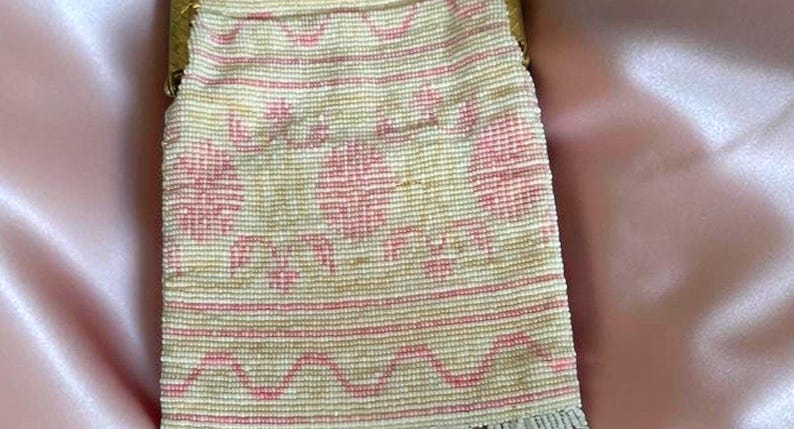 Antique 1920's Made in France Rare Beaded Rose Pink & White Design Evening Purse