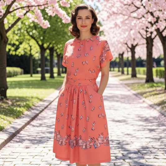 1940s Vintage Novelty Print Coral Rayon Wide Band Waist Dress Ready to Wear