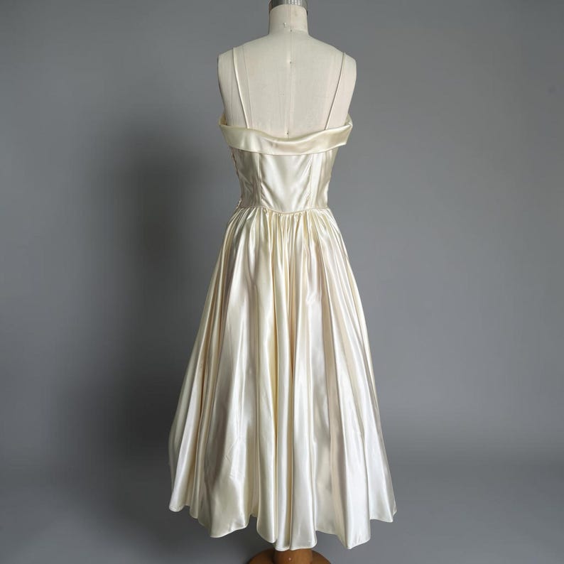 1940's 1950's Wedding Dress Creamy White Satin With Beaded Trim Bolero Gorgeous