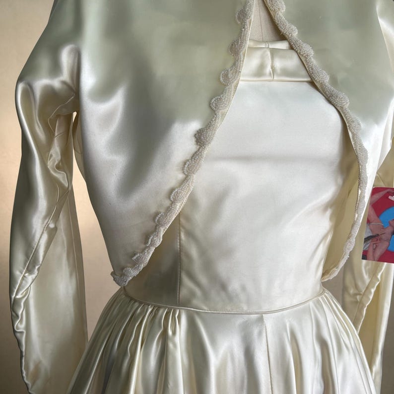 1940's 1950's Wedding Dress Creamy White Satin With Beaded Trim Bolero Gorgeous