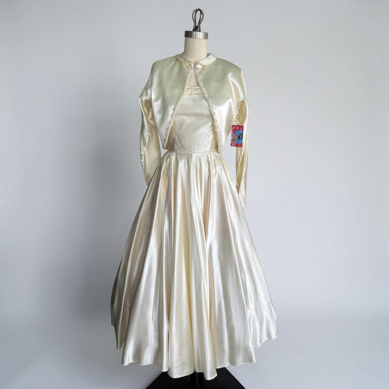 1940's 1950's Wedding Dress Creamy White Satin With Beaded Trim Bolero Gorgeous
