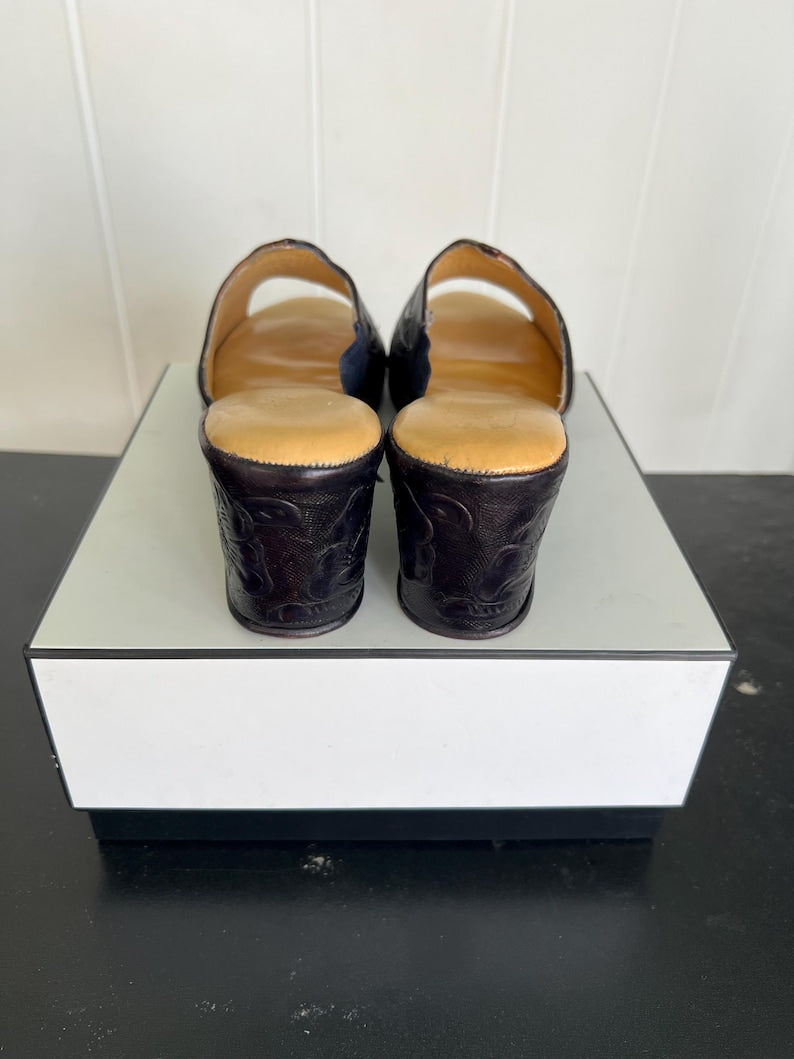 Rare Deadstock 1940 1950 Vintage Style Mexican Tooled Black Leather Slip On Wedge Shoes SZ 10