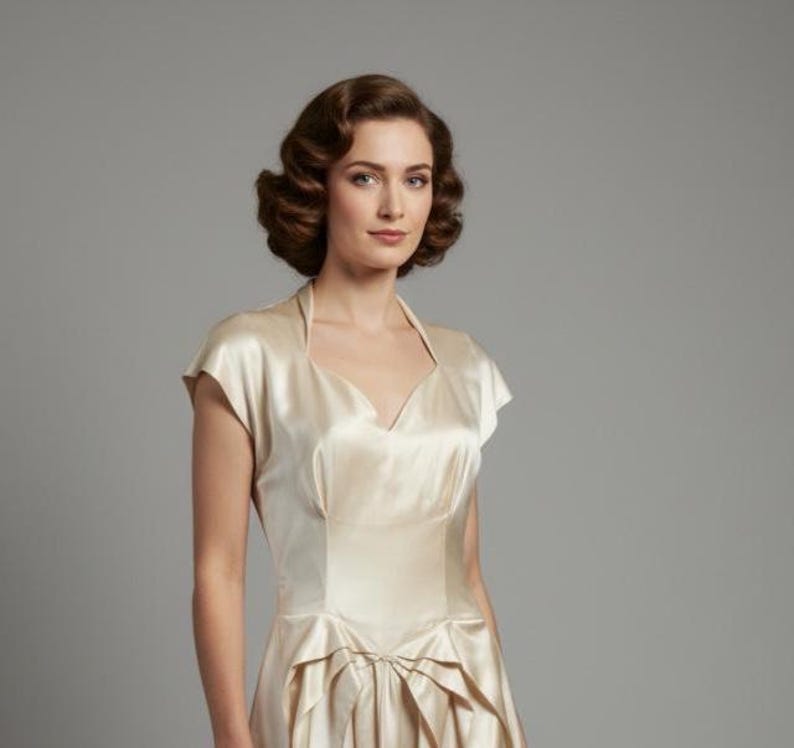1940's Wedding Gown Creamy Champagne White Satin Pleated Front Gorgeous