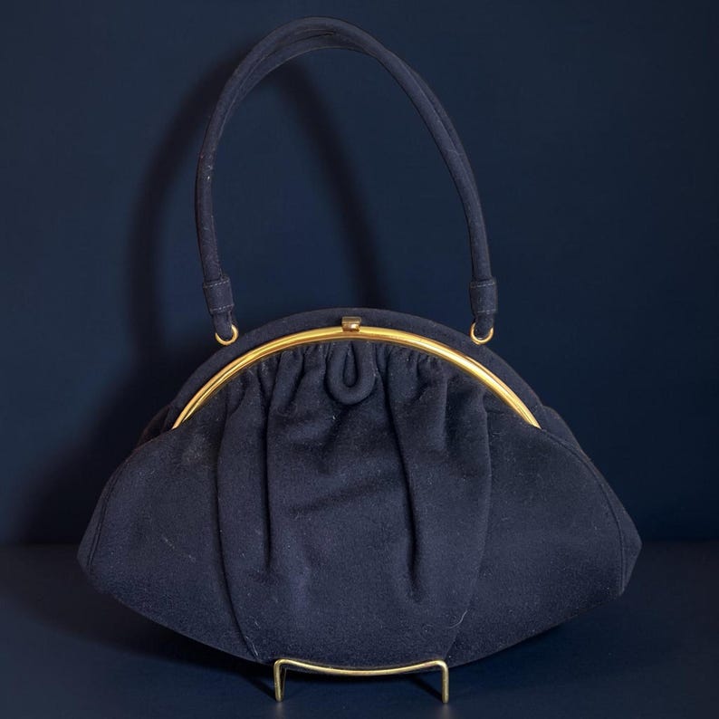 1950's Original Bag By Josef Wool Navy Blue Evening Purse With Gold Plate Hinge Beautiful Condition