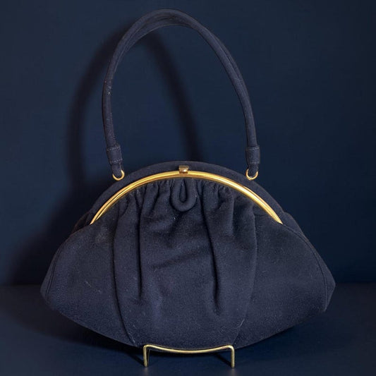 1950's Original Bag By Josef Wool Navy Blue Evening Purse With Gold Plate Hinge Beautiful Condition