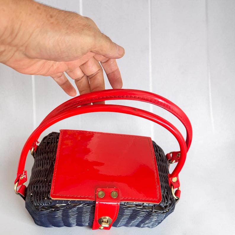 1960's Simon Plastic Woven Wicker Navy Blue and Red Vinyl Novelty Box Purse