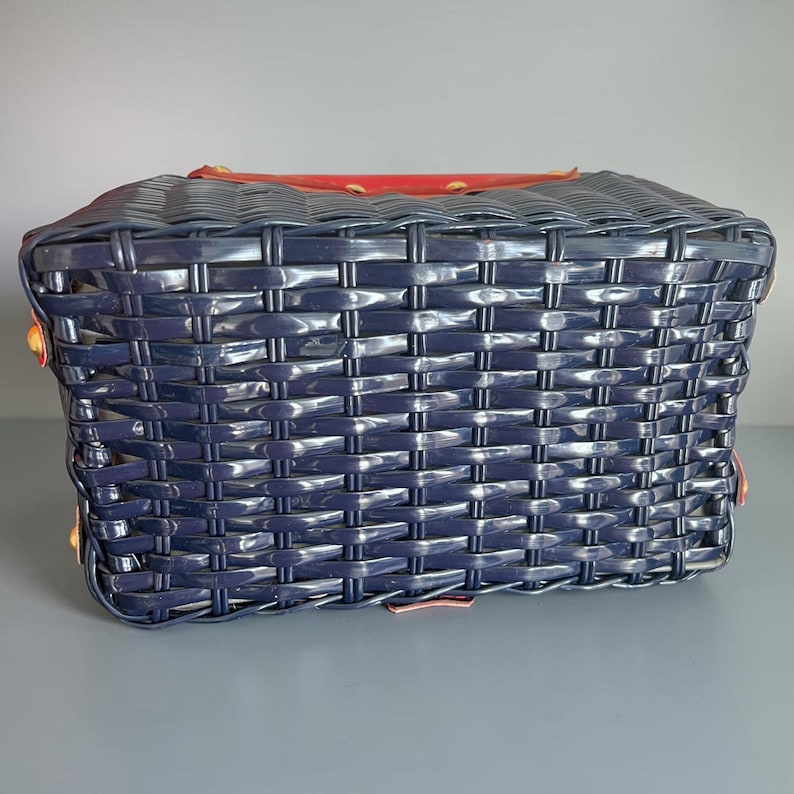 1960's Simon Plastic Woven Wicker Navy Blue and Red Vinyl Novelty Box Purse