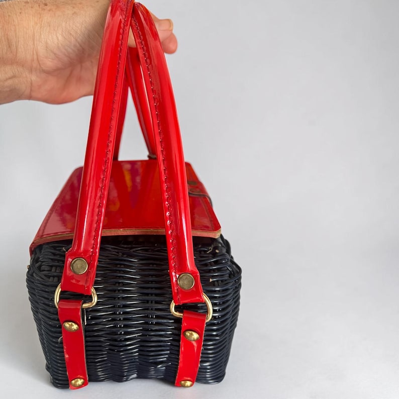 1960's Simon Plastic Woven Wicker Navy Blue and Red Vinyl Novelty Box Purse