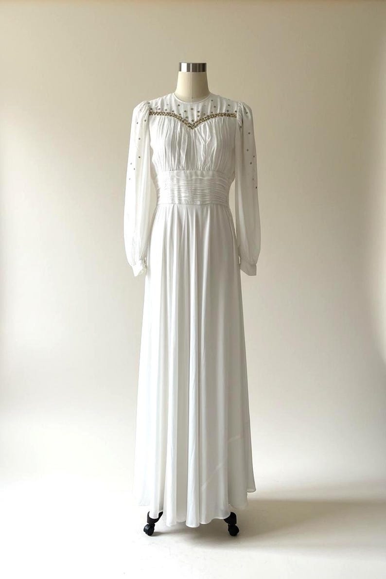 1940's Wedding Evening Flowing Gown Creamy White Chiffon Sequins Front & Back Gorgeous