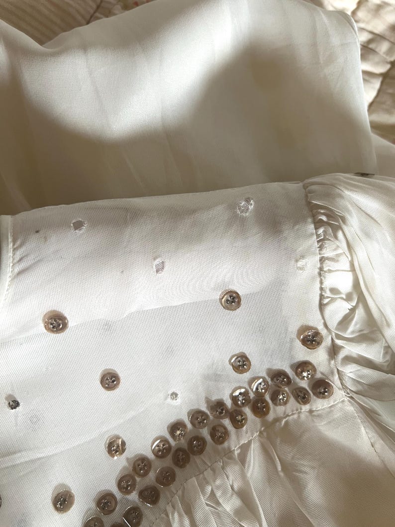 1940's Wedding Evening Flowing Gown Creamy White Chiffon Sequins Front & Back Gorgeous