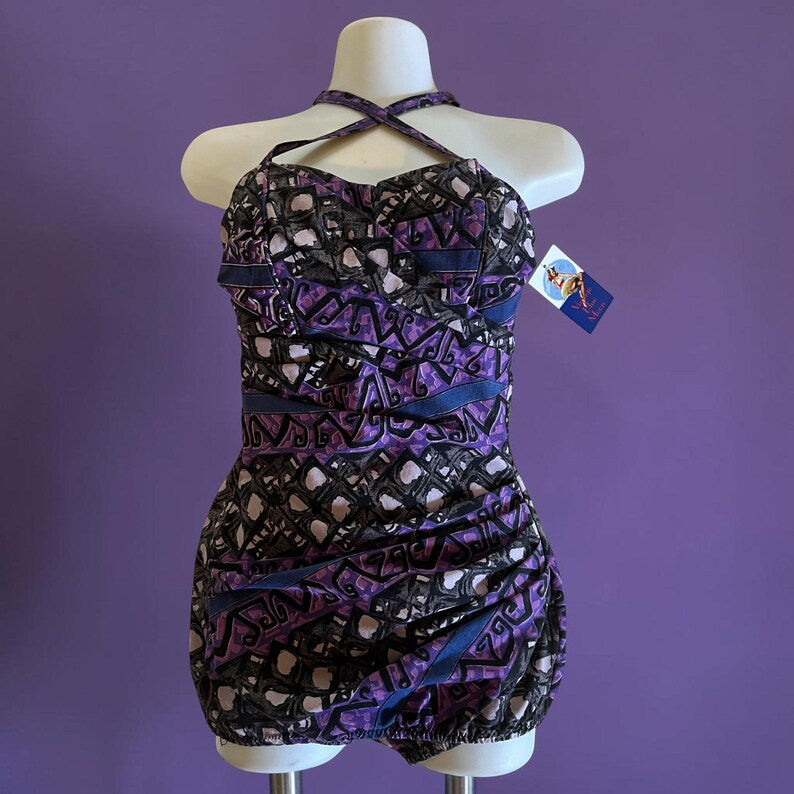 1950's Vintage Never Used Sea Fashions of California Dark Purple Black Print Design One Piece Swimsuit