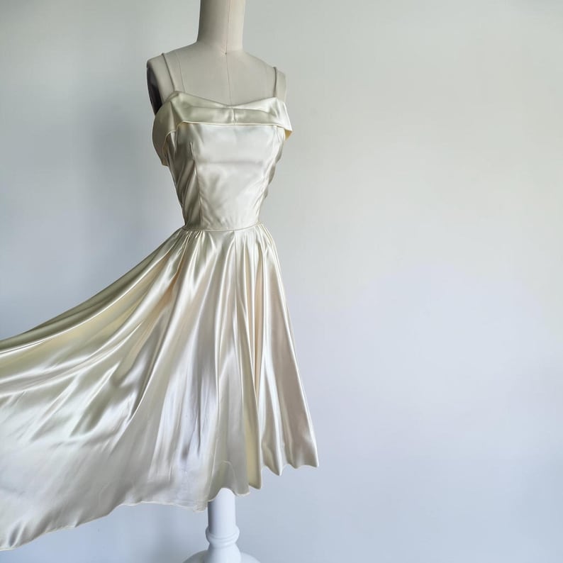 1940's 1950's Wedding Dress Creamy White Satin With Beaded Trim Bolero Gorgeous