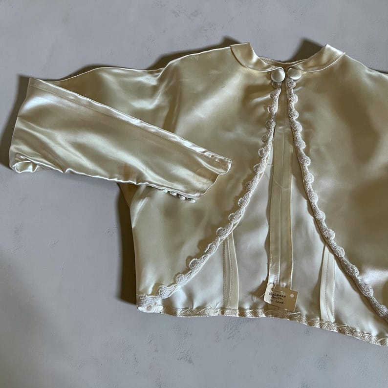 1940's 1950's Wedding Dress Creamy White Satin With Beaded Trim Bolero Gorgeous