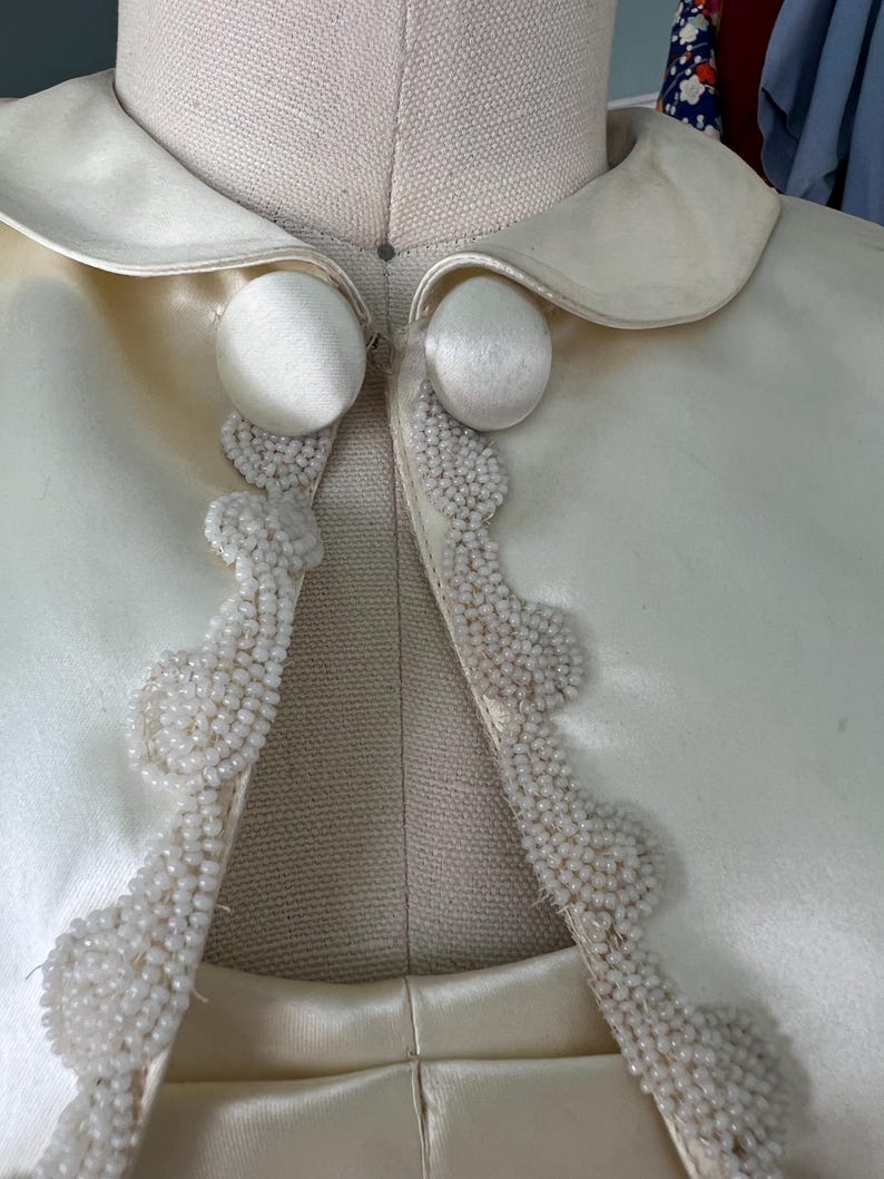 1940's 1950's Wedding Dress Creamy White Satin With Beaded Trim Bolero Gorgeous