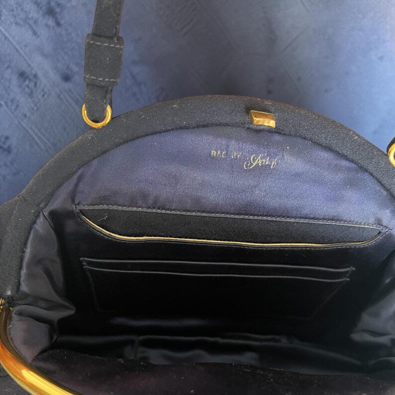 1950's Original Bag By Josef Wool Navy Blue Evening Purse With Gold Plate Hinge Beautiful Condition