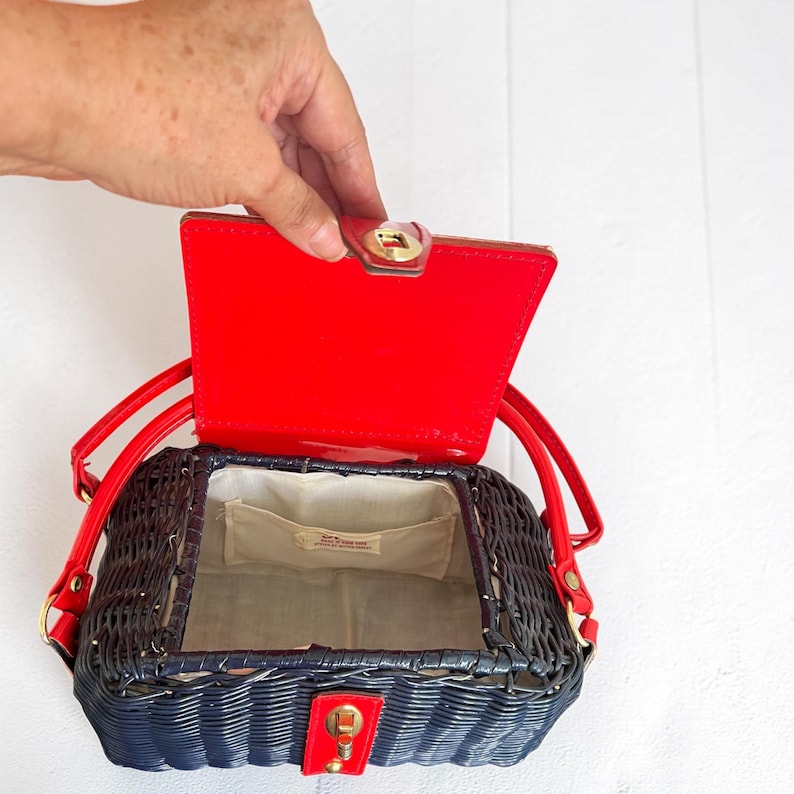 1960's Simon Plastic Woven Wicker Navy Blue and Red Vinyl Novelty Box Purse