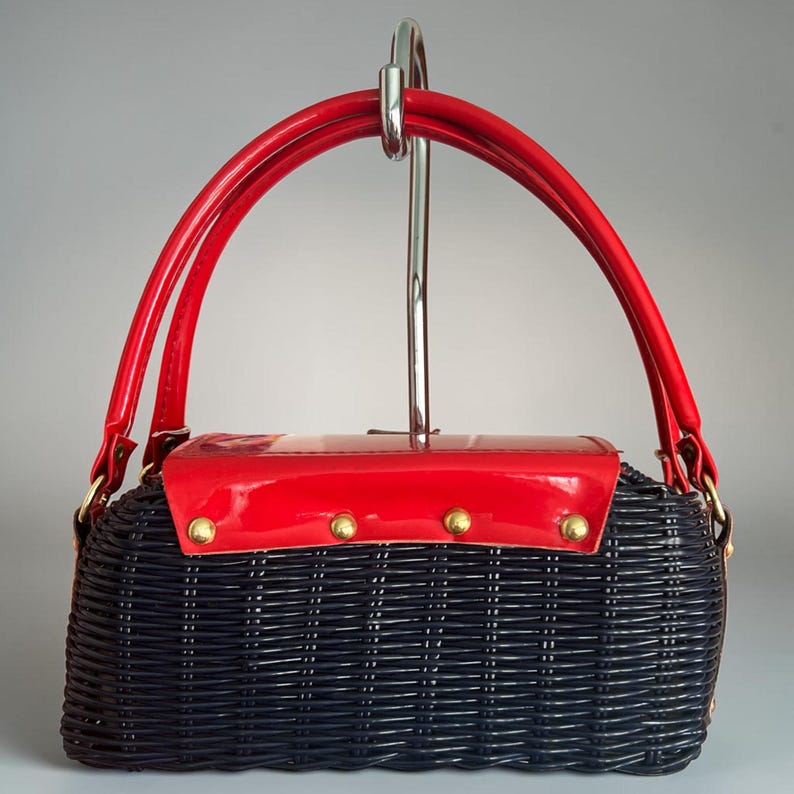 1960's Simon Plastic Woven Wicker Navy Blue and Red Vinyl Novelty Box Purse
