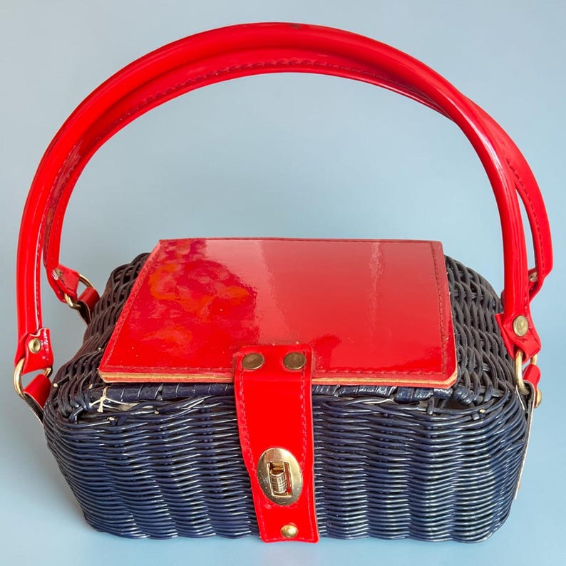 1960's Simon Plastic Woven Wicker Navy Blue and Red Vinyl Novelty Box Purse