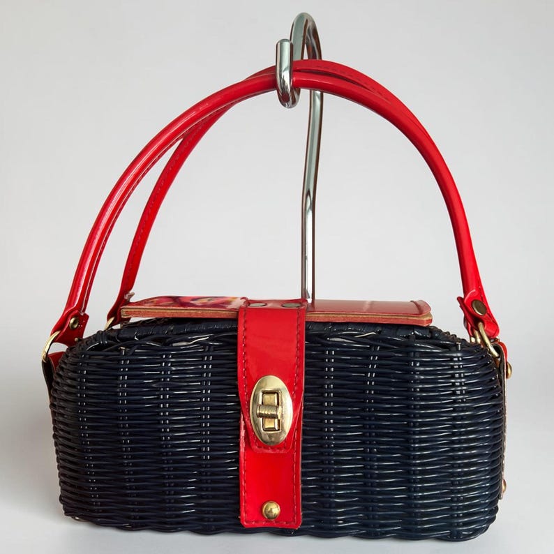 1960's Simon Plastic Woven Wicker Navy Blue and Red Vinyl Novelty Box Purse