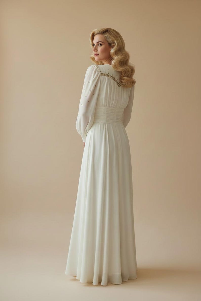 1940's Wedding Evening Flowing Gown Creamy White Chiffon Sequins Front & Back Gorgeous