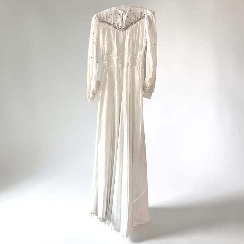 1940's Wedding Evening Flowing Gown Creamy White Chiffon Sequins Front & Back Gorgeous